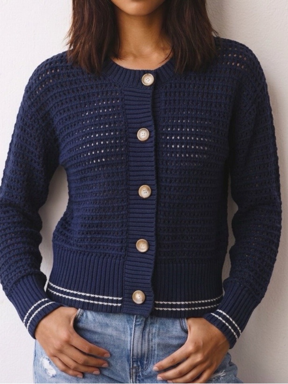 Magaschoni Navy Blue & White Open-Knit Button Cardigan Size XS💙